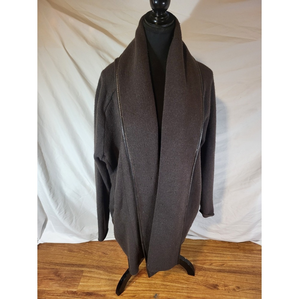 Vince Wool/Yak/Alpaca Lamb Leather Trim Open Cardigan Sweater Brown Sz L Flaw